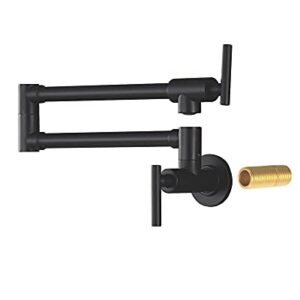 PHASAT Pot Filler Faucet,Black Pot Filler Wall Mount,Brass Kitchen Faucet Folding Stretchable with Double Joint Swing Arm,2 Handles with 2 Cartridges,Single Hole,Matte Black,PTZH01C