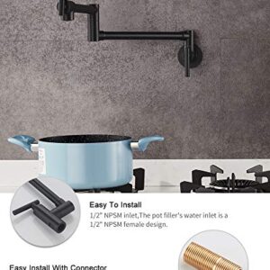 PHASAT Pot Filler Faucet,Black Pot Filler Wall Mount,Brass Kitchen Faucet Folding Stretchable with Double Joint Swing Arm,2 Handles with 2 Cartridges,Single Hole,Matte Black,PTZH01C