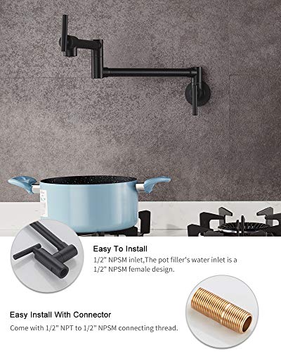 PHASAT Pot Filler Faucet,Black Pot Filler Wall Mount,Brass Kitchen Faucet Folding Stretchable with Double Joint Swing Arm,2 Handles with 2 Cartridges,Single Hole,Matte Black,PTZH01C