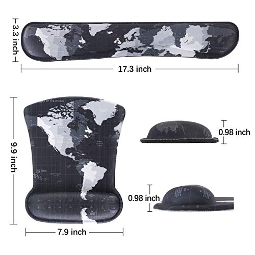 ToLuLu Keyboard Wrist Rest Pad Ergonomic Mouse Pad Set, Mouse Pad for Computer Laptop, Non Slip Mousepad Keyboard Wrist Support with Raised Memory Foam for Easy Typing Pain Relief, Cool World Map