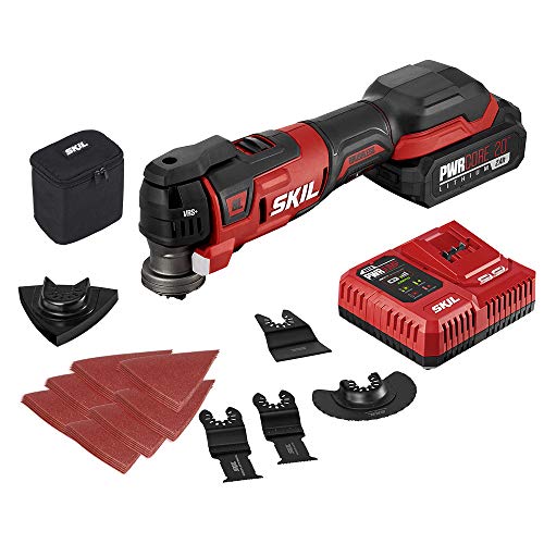 SKIL PWR CORE 20 Brushless 20V Oscillating Tool Kit with 35pcs Sanding Paper, 3 Blades, Sanding Pad, Rigid Scraper, Accessory Case, Includes 2.0Ah Lithium Battery & PWR JUMP Charger - OS5937-10