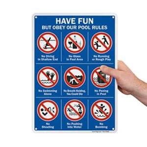 SmartSign 14 x 10 inch “Have Fun But Obey Our Pool Rules” Swimming Pool Metal Sign with Symbols, Screen Printed, 40 mil Laminated Rustproof Aluminum, Multicolor