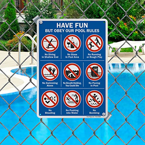 SmartSign 14 x 10 inch “Have Fun But Obey Our Pool Rules” Swimming Pool Metal Sign with Symbols, Screen Printed, 40 mil Laminated Rustproof Aluminum, Multicolor