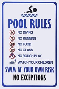 wall decor personalized swimming pool rules with their own risk swimming warning metal sign, swimming pool, water park safety tin sign 12x8 vintage signs metal plates funny art