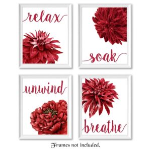 Relax Soak Unwind Breathe Red Blend Bathroom Flower Prints, 4 (8x10) Unframed Photos, Wall Art Decor Gifts Under 20 for Home Office Salon College Student Teacher Friends Garden Floral Yoga Fan