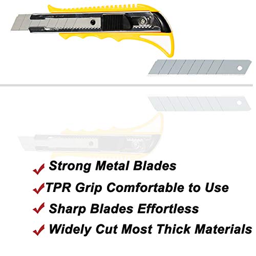 WEKOIL Utility Knives Retractable Box Cutter,18mm Wide Snap Off Blade Knife,11 Carbon Steel Blades,Hobby Art Paper Knives with Comfortable Handle,Heavy Duty for Office Home Garage Yellow