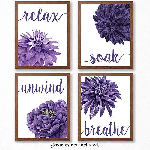 Flower Prints Relax Soak Unwind Breathe Purple Blend, 4 (8x10) Unframed Photos, Wall Art Decor Gifts Under 20 for Home Office Bathroom College Student Teacher Friends Floral Garden Yoga Inspired Fans