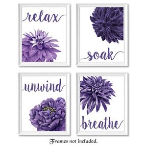 Flower Prints Relax Soak Unwind Breathe Purple Blend, 4 (8x10) Unframed Photos, Wall Art Decor Gifts Under 20 for Home Office Bathroom College Student Teacher Friends Floral Garden Yoga Inspired Fans