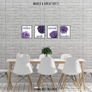 Flower Prints Relax Soak Unwind Breathe Purple Blend, 4 (8x10) Unframed Photos, Wall Art Decor Gifts Under 20 for Home Office Bathroom College Student Teacher Friends Floral Garden Yoga Inspired Fans