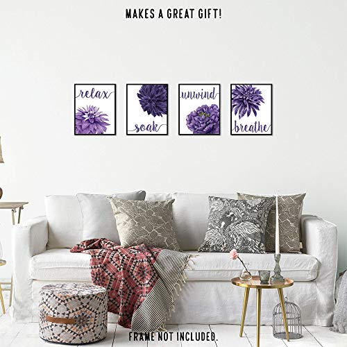 Flower Prints Relax Soak Unwind Breathe Purple Blend, 4 (8x10) Unframed Photos, Wall Art Decor Gifts Under 20 for Home Office Bathroom College Student Teacher Friends Floral Garden Yoga Inspired Fans