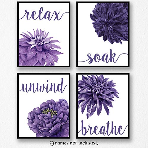 Flower Prints Relax Soak Unwind Breathe Purple Blend, 4 (8x10) Unframed Photos, Wall Art Decor Gifts Under 20 for Home Office Bathroom College Student Teacher Friends Floral Garden Yoga Inspired Fans