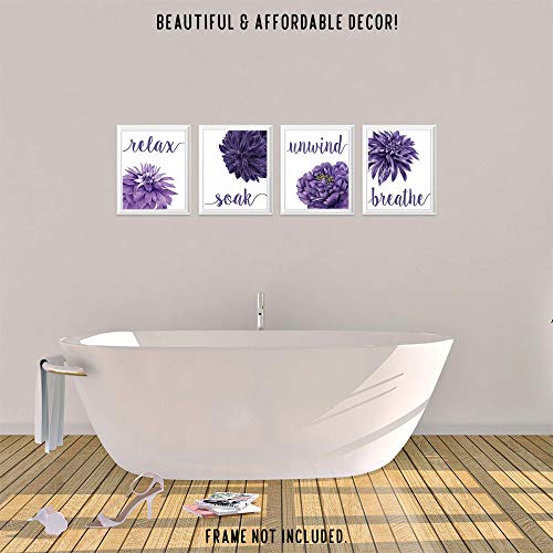 Flower Prints Relax Soak Unwind Breathe Purple Blend, 4 (8x10) Unframed Photos, Wall Art Decor Gifts Under 20 for Home Office Bathroom College Student Teacher Friends Floral Garden Yoga Inspired Fans