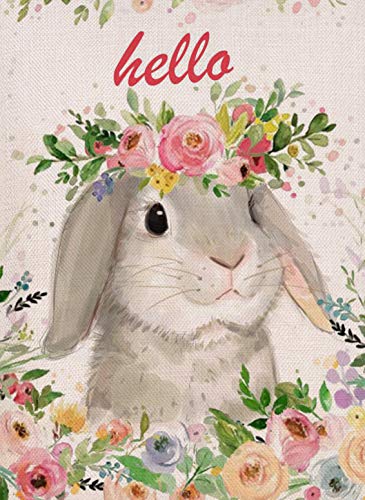 Furiaz Home Decorative Hello Easter Bunny Small Garden Flag, Spring Rabbit Yard Outdoor Decoration Rose Flowers Sign, Holiday Floral Burlap Seasonal Outside Decor Double Sided 12 x 18