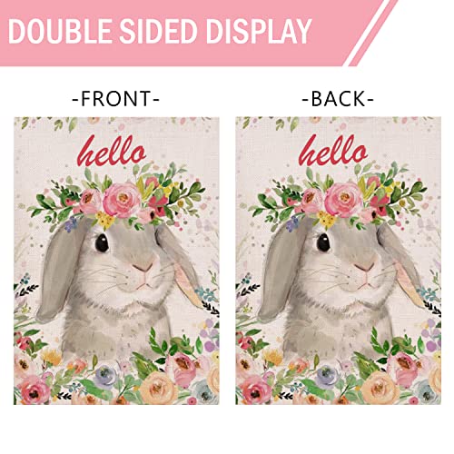 Furiaz Home Decorative Hello Easter Bunny Small Garden Flag, Spring Rabbit Yard Outdoor Decoration Rose Flowers Sign, Holiday Floral Burlap Seasonal Outside Decor Double Sided 12 x 18