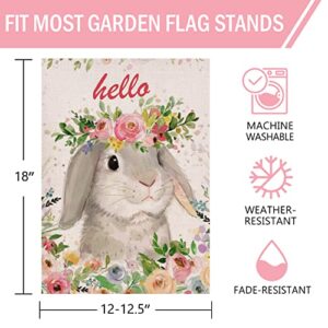 Furiaz Home Decorative Hello Easter Bunny Small Garden Flag, Spring Rabbit Yard Outdoor Decoration Rose Flowers Sign, Holiday Floral Burlap Seasonal Outside Decor Double Sided 12 x 18