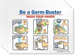 smartsign “be a germ-buster - wash your hands" hand washing label | 3.5" x 5" laminated vinyl sticker, pack of 4