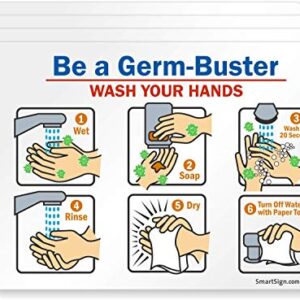 SmartSign “Be A Germ-Buster - Wash Your Hands" Hand Washing Label | 3.5" x 5" Laminated Vinyl Sticker, Pack of 4