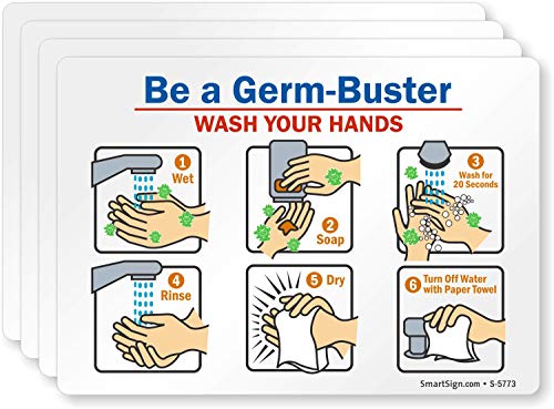 SmartSign “Be A Germ-Buster - Wash Your Hands" Hand Washing Label | 3.5" x 5" Laminated Vinyl Sticker, Pack of 4