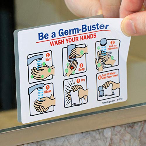 SmartSign “Be A Germ-Buster - Wash Your Hands" Hand Washing Label | 3.5" x 5" Laminated Vinyl Sticker, Pack of 4