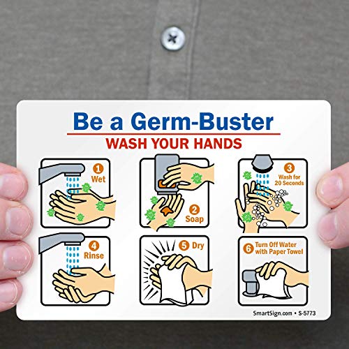 SmartSign “Be A Germ-Buster - Wash Your Hands" Hand Washing Label | 3.5" x 5" Laminated Vinyl Sticker, Pack of 4