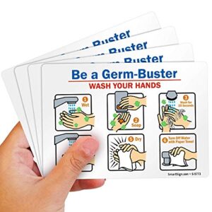 SmartSign “Be A Germ-Buster - Wash Your Hands" Hand Washing Label | 3.5" x 5" Laminated Vinyl Sticker, Pack of 4