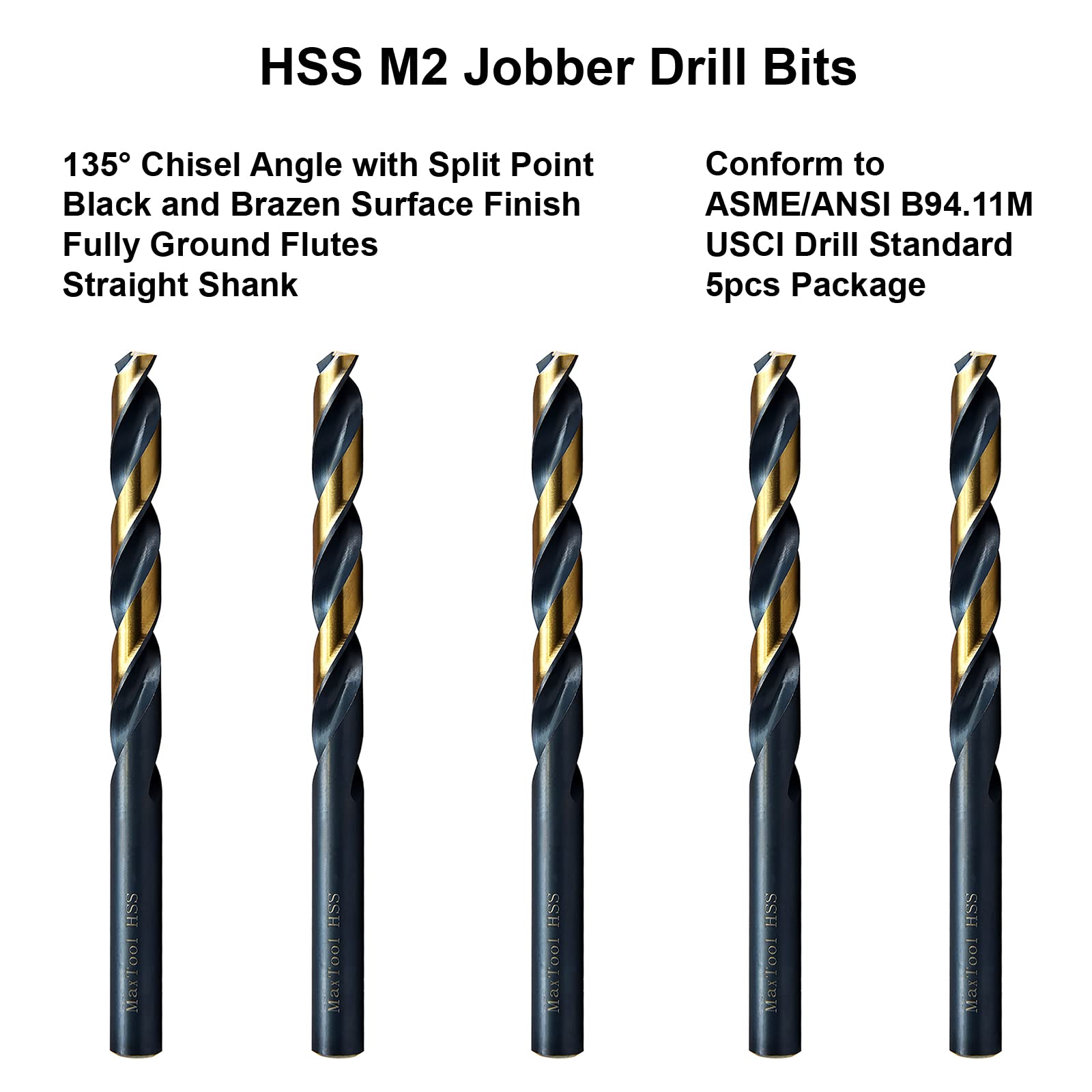 MAXTOOL 6.8mm 5pcs Identical Jobber Length Drills HSS M2 Twist Drill Bits Metric Fully Ground Black & Bronze Straight Shank Drills; JBM02H10R068P5