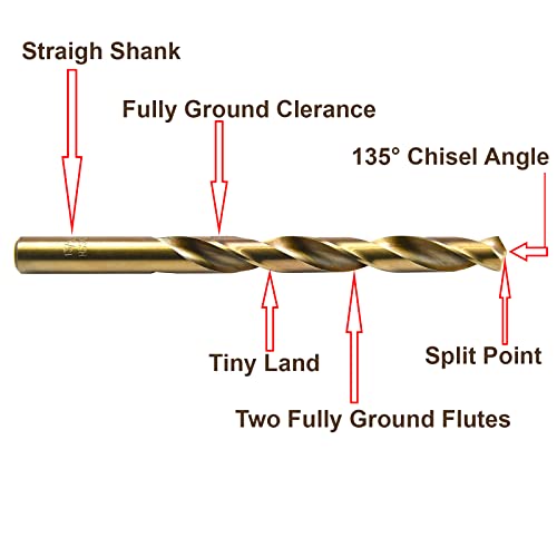 MAXTOOL 13/64" 5pcs Identical Jobber Length Drills HSS M35 Twist Drill Bits 5% Cobalt Fully Ground Golden Straight Shank Drills; JBF35G10R13P5