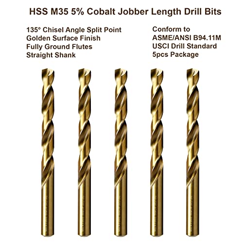 MAXTOOL 13/64" 5pcs Identical Jobber Length Drills HSS M35 Twist Drill Bits 5% Cobalt Fully Ground Golden Straight Shank Drills; JBF35G10R13P5