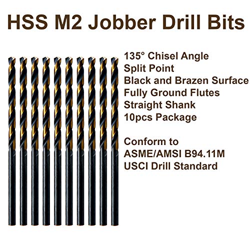 MAXTOOL 1/16" 10pcs Identical Jobber Length Drills HSS M2 Twist Drill Bits Fully Ground Black & Bronze Straight Shank Drills; JBF02H10R04P10