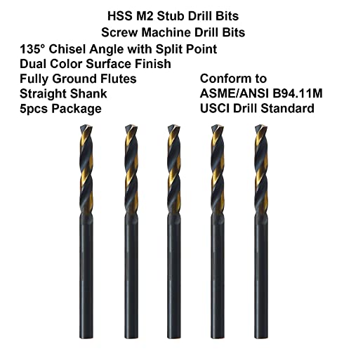 MAXTOOL 1/8" 5pcs Identical Screw Machine Drills HSS M2 Twist Stub Drill Bits Black & Bronze Fully Ground Straight Shank Short Drills; SMF02H10R08P5