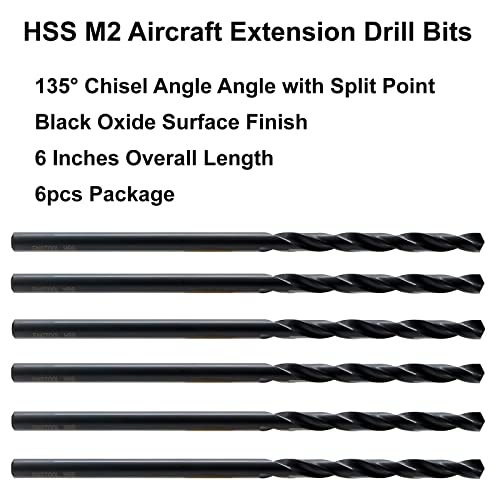 MAXTOOL 1/4""x6" 6pcs Identical Aircraft Extension Drills HSS M2 Extra Long Deep Twist Drill Bits Straight Shank Fully Ground Black; ACF02B06R16P6