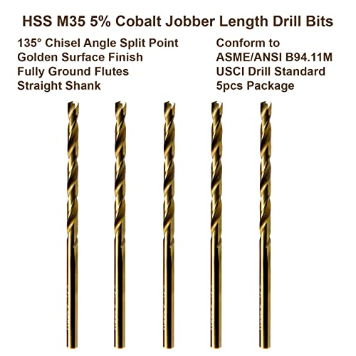 MAXTOOL No.43 5pcs Identical Jobber Length Drills Dia 0.089" HSS M35 Cobalt Twist Drill Bits Wire Gauge Numbered Golden Straight Drills; JBN35G10R43P5