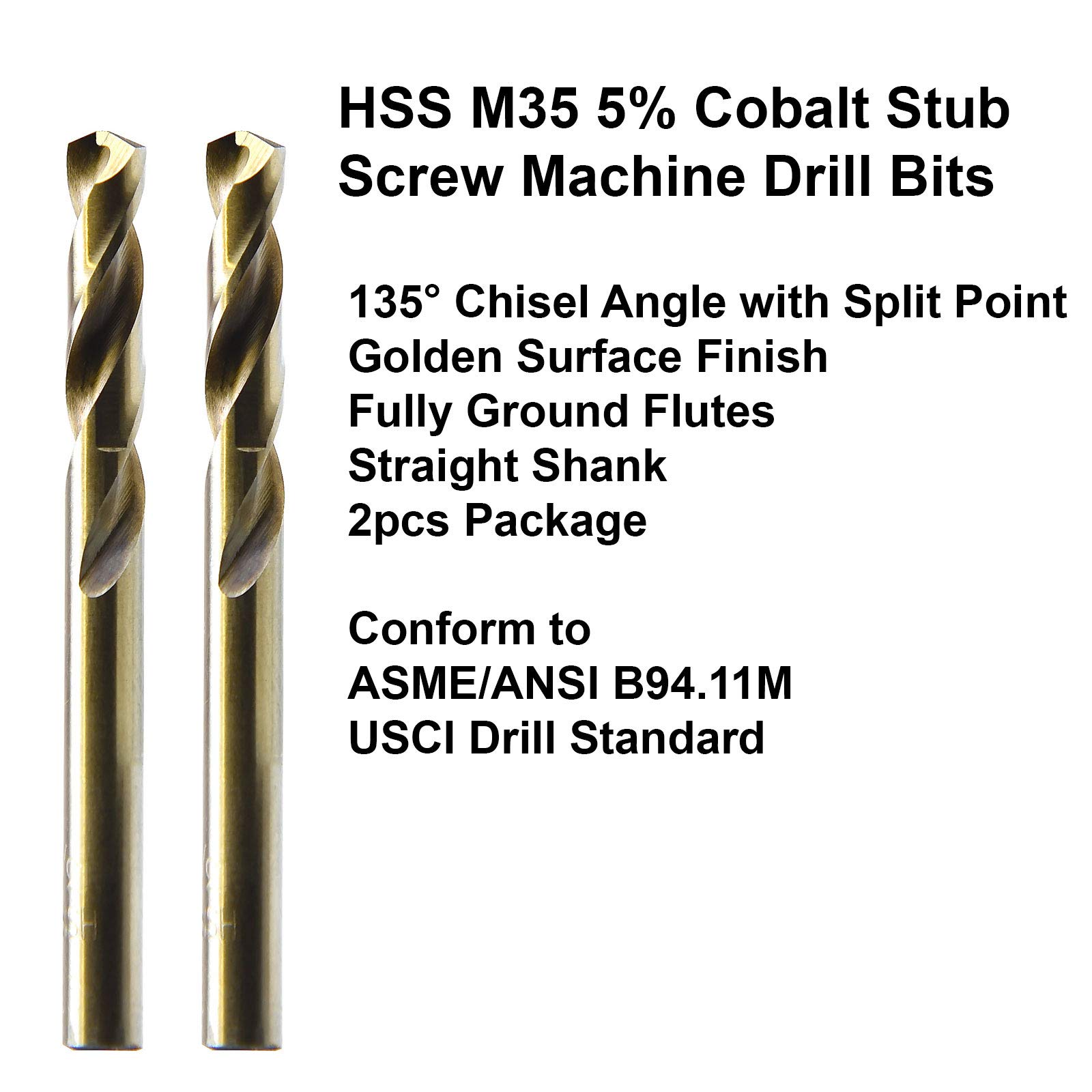 MAXTOOL 3/16" 2pcs Identical Screw Machine Drills HSS M35 Cobalt Twist Stub Drill Bits Fully Ground Golden Straight Shank Short Drills; SMF35G10R12P2