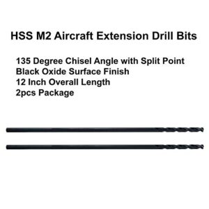 MAXTOOL 1/8"x12" 2pcs Identical Aircraft Extension Drills HSS M2 Extra Long Deep Twist Drill Bits Straight Shank Fully Ground Black; ACF02B12R08P2