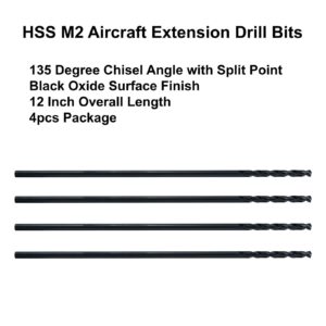 MAXTOOL 3/32"x12" 4pcs Identical Aircraft Extension Drills HSS M2 Extra Long Deep Twist Drill Bits Straight Shank Fully Ground Black; ACF02B12R06P4