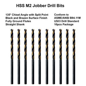 MAXTOOL No.36 10pcs Identical Jobber Length Drills Dia 0.1065" HSS M2 Twist Drill Bits Wire Gauge Gage Numbered Straight Shank Drills; JBN02H10R36P10