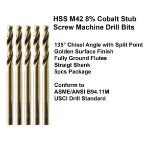 MAXTOOL 7/64" 5pcs Identical Screw Machine Drills HSS M42 Cobalt Twist Stub Drill Bits Fully Ground Golden Straight Shank Short Drills; SMF42G10R07P5