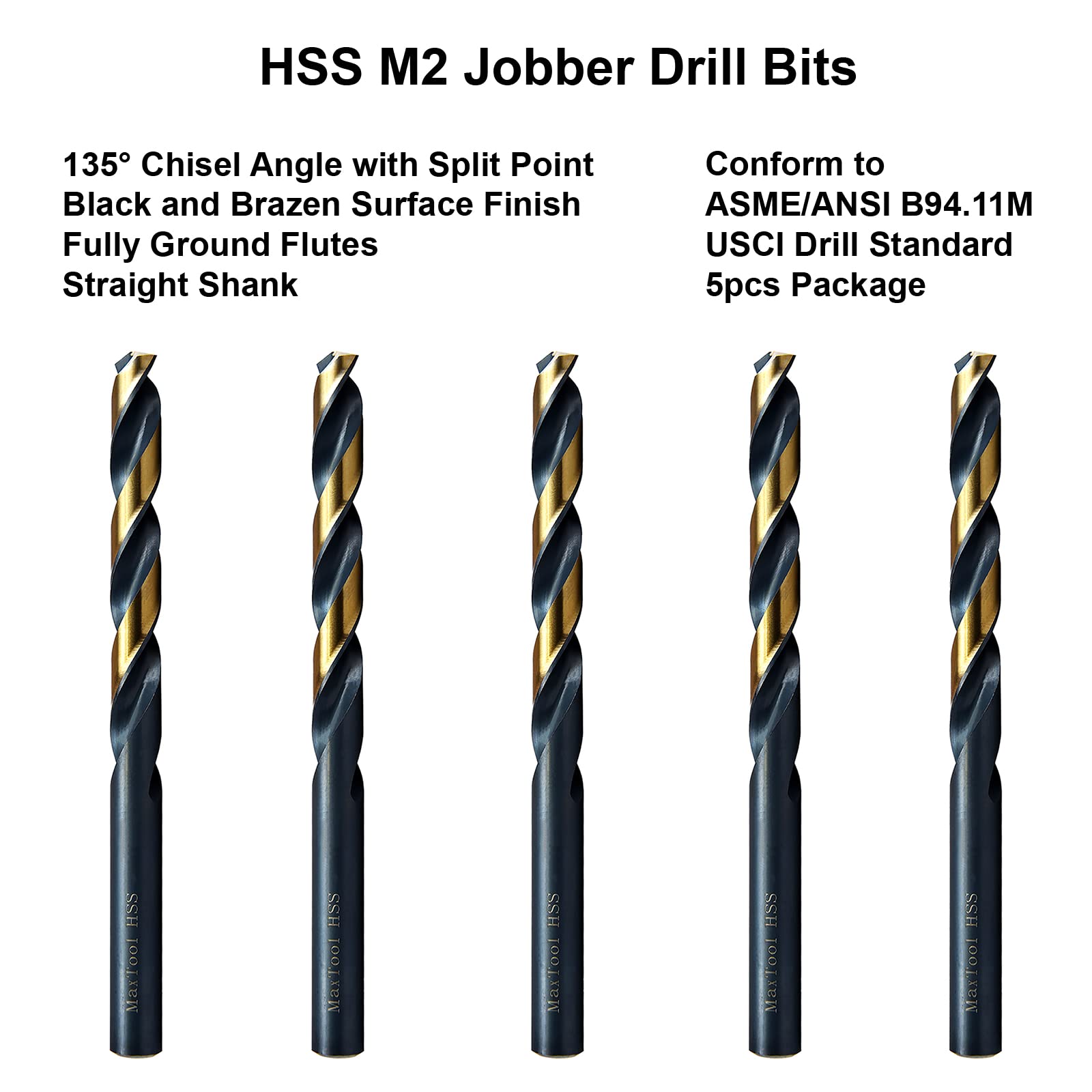 MAXTOOL 7/32" 5pcs Identical Jobber Length Drills HSS M2 Twist Drill Bits Fully Ground Black & Bronze Straight Shank Drills; JBF02H10R14P5