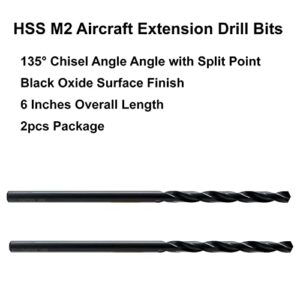 MAXTOOL 1/8"x6" 2pcs Identical Aircraft Extension Drills HSS M2 Extra Long Deep Twist Drill Bits Straight Shank Fully Ground Black; ACF02B06R08P2