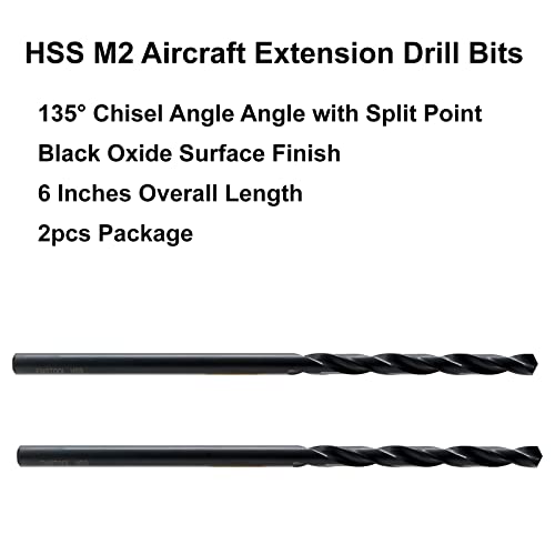 MAXTOOL 1/8"x6" 2pcs Identical Aircraft Extension Drills HSS M2 Extra Long Deep Twist Drill Bits Straight Shank Fully Ground Black; ACF02B06R08P2