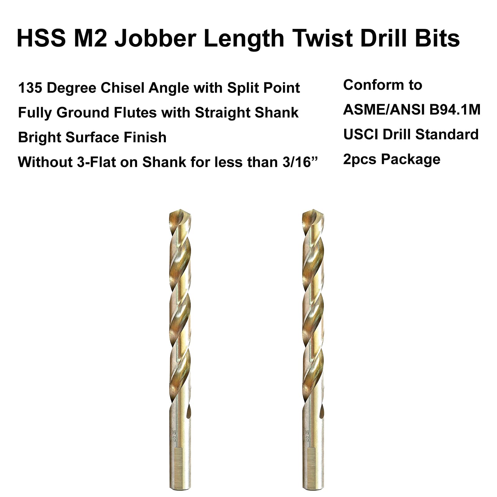 MAXTOOL 5/16" 2pcs Identical Jobber Length Drills HSS M2 Twist Drill Bits Fully Ground Bright 3-Flat Straight Shank Drills; JBF02W13R20P2