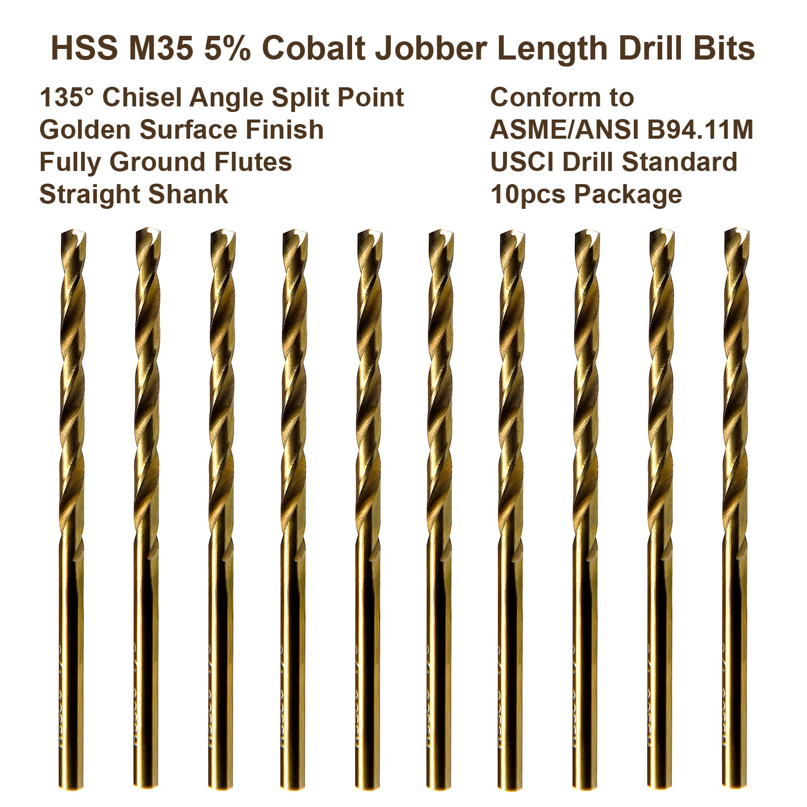 MAXTOOL No.43 10pcs Identical Jobber Length Drills 0.089" HSS M35 Cobalt Twist Drill Bits Wire Gauge Numbered Golden Straight Drills; JBN35G10R43P10