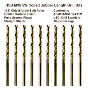 MAXTOOL 1/8" 10pcs Identical Jobber Length Drills HSS M35 Twist Drill Bits 5% Cobalt Fully Ground Golden Straight Shank Drills; JBF35G10R08P10