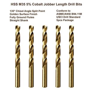 MAXTOOL 17/64" 5pcs Identical Jobber Length Drills HSS M35 Twist Drill Bits 5% Cobalt Fully Ground Golden Straight Shank Drills; JBF35G10R17P5