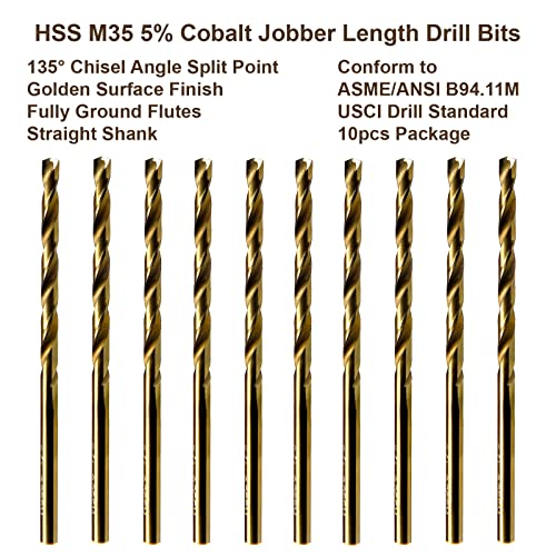 MAXTOOL No.40 10pcs Identical Jobber Length Drills 0.098" HSS M35 Cobalt Twist Drill Bits Wire Gauge Numbered Golden Straight Drills; JBN35G10R40P10