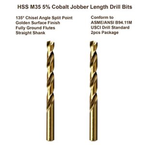 MAXTOOL 23/64" 2pcs Identical Jobber Length Drills HSS M35 Twist Drill Bits 5% Cobalt Fully Ground Golden Straight Shank Drills; JBF35G10R23P2