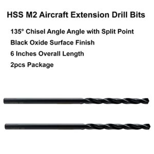 MAXTOOL 1/16"x6" 2pcs Identical Aircraft Extension Drills HSS M2 Extra Long Deep Twist Drill Bits Straight Shank Fully Ground Black; ACF02B06R04P2