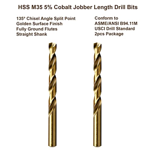 MAXTOOL 9/32" 2pcs Identical Jobber Length Drills HSS M35 Twist Drill Bits 5% Cobalt Fully Ground Golden Straight Shank Drills; JBF35G10R18P2