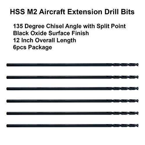 MAXTOOL 3/32"x12" 6pcs Identical Aircraft Extension Drills HSS M2 Extra Long Deep Twist Drill Bits Straight Shank Fully Ground Black; ACF02B12R06P6