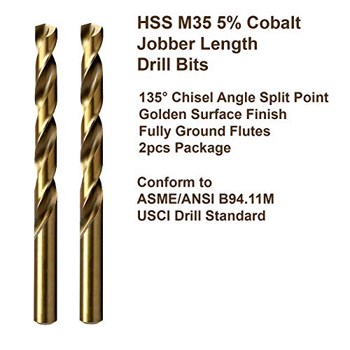 MAXTOOL 7/16" 2pcs Identical Jobber Length Drills HSS M35 Twist Drill Bits 5% Cobalt Fully Ground Golden Straight Shank Drills; JBF35G10R28P2